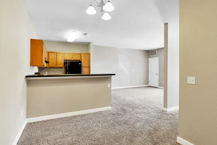 Inviting open-concept apartment with a cozy living space, modern kitchen with wooden cabinets, and plush carpeting.