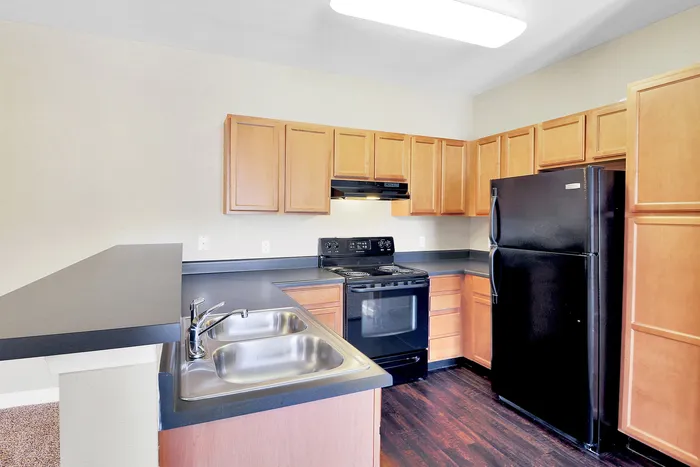 Modern kitchen featuring sleek black appliances, stylish wooden cabinetry, and a double sink. Bright and inviting space perfect for cooking and entertaining.
