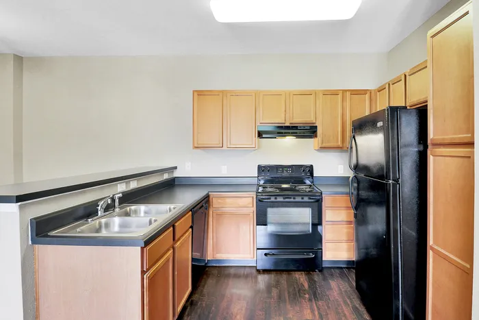Modern kitchen with sleek black appliances, elegant wood cabinets, and spacious counters, perfect for culinary adventures.