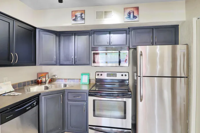 Chic modern kitchen with sleek stainless steel appliances, elegant dark cabinetry, and charming countertop decor.