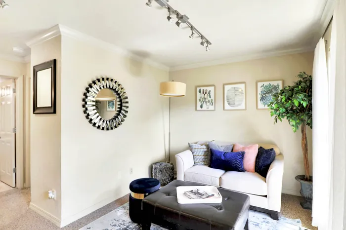 Chic living room with modern decor, featuring a cozy beige sofa adorned with colorful cushions, stylish wall art, and a large mirror for a touch of elegance.