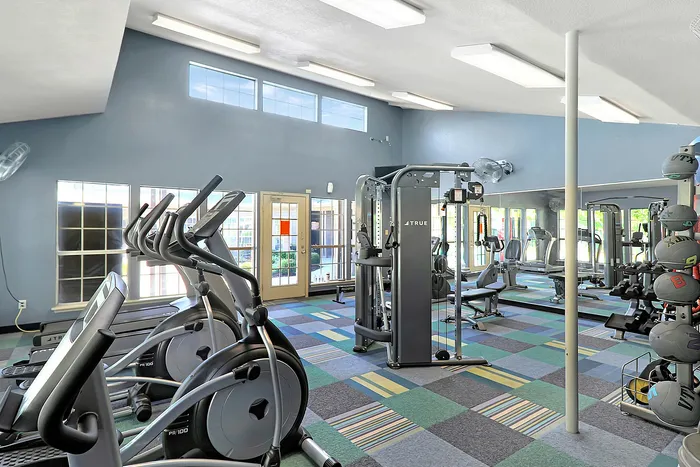 Bright and modern fitness center featuring state-of-the-art exercise equipment and vibrant flooring.
