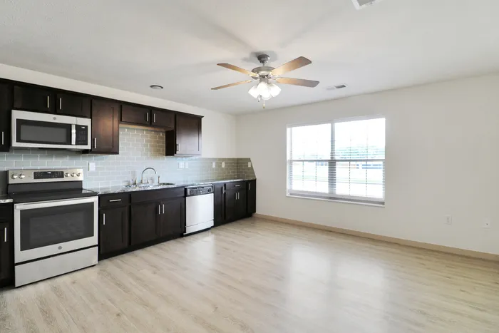 Modern kitchen with stainless steel appliances, elegant dark wood cabinets, and bright open space with large window.