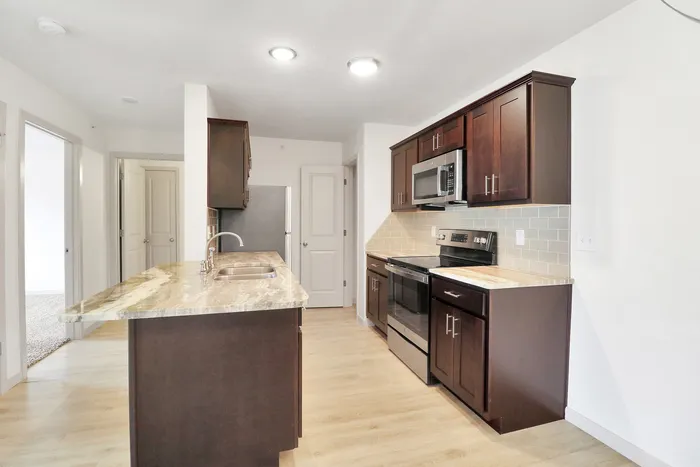 Modern kitchen featuring elegant dark wood cabinets, polished marble countertops, and stainless steel appliances.