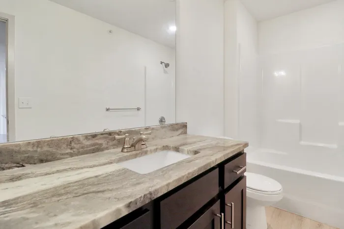 Elegant bathroom with a sleek marble countertop, modern fixtures, and a pristine white bathtub.