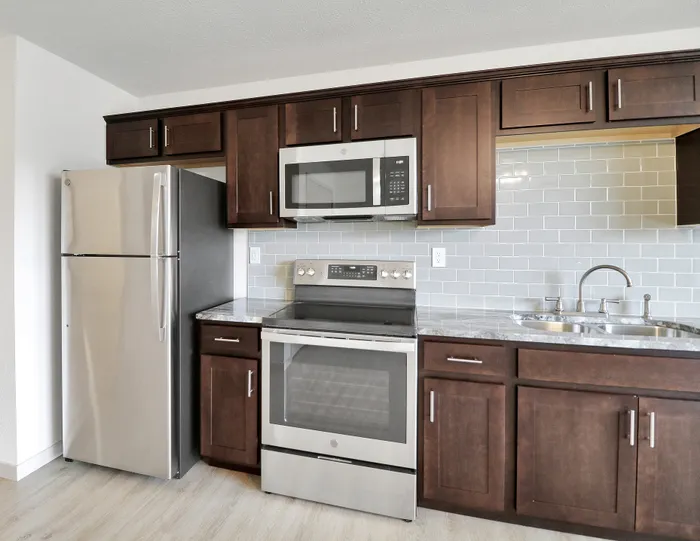 Modern kitchen with stainless steel appliances, elegant dark wood cabinets, and sleek tile backsplash.