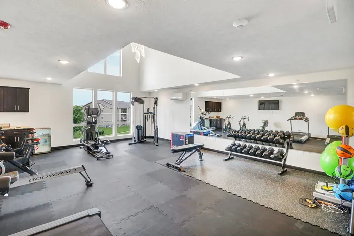 Spacious, well-lit gym with modern fitness equipment, large windows, and vibrant exercise balls, perfect for an invigorating workout.