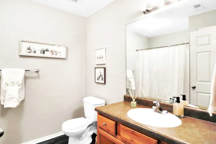 Elegant bathroom boasting a large mirror, natural decor, and a stylish countertop with modern fixtures.