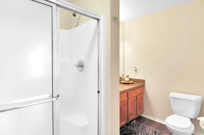 Chic bathroom with stylish shower, elegant vanity, and warm wood cabinetry.