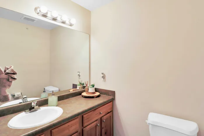 Charming bathroom with a sleek counter, large mirror, and elegant lighting, showcasing a warm and inviting space.