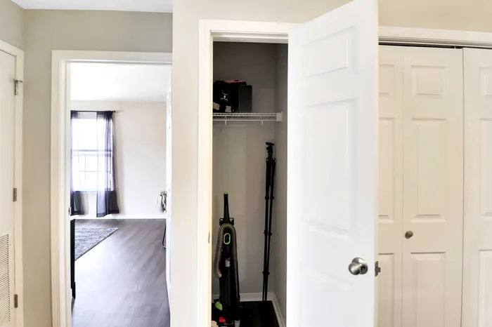 Bright apartment hallway with sleek laminate flooring and a cozy storage closet, leading into a sunlit room with elegant window drapes.
