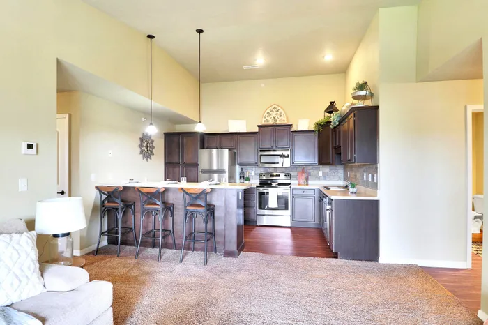 Modern open-concept kitchen and living area with elegant dark cabinetry, stainless steel appliances, and a cozy breakfast bar.
