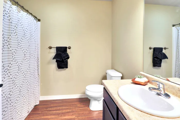 Elegant bathroom with a modern touch, featuring sleek fixtures, a chic shower curtain, and warm wooden flooring.