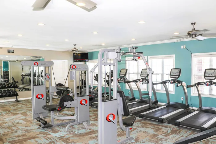 Modern fitness center featuring state-of-the-art exercise machines, including treadmills and weight training equipment, with stylish decor and ample natural light.