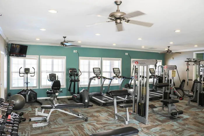 Bright, modern fitness center featuring top-of-the-line equipment, including treadmills, stationary bikes, and free weights, with natural light streaming through large windows.