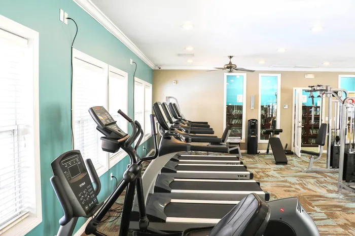Modern fitness center featuring state-of-the-art treadmills and exercise equipment in a bright and spacious room with light green walls.