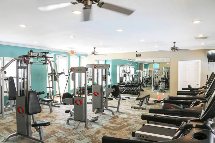Modern gym with state-of-the-art fitness equipment, treadmills, and weight machines, in a well-lit and spacious environment.