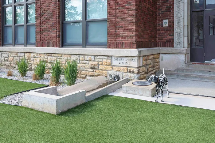 Charming historic brick building facade with landscaped greenery, featuring a playful Dalmatian on lush artificial grass.