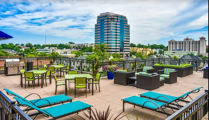 Vibrant rooftop patio with modern furniture, lush planters, and scenic city views, offering a perfect spot for relaxation and social gatherings.