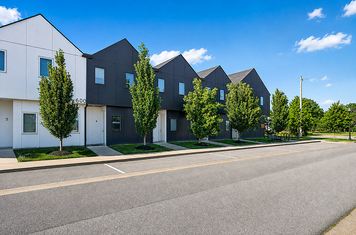 Contemporary row of modern townhouses with sleek black and white facades, bordered by lush trees under a clear blue sky.