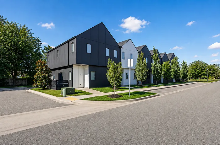 Modern townhouse complex with sleek black and white design, featuring lush greenery and a peaceful suburban setting.