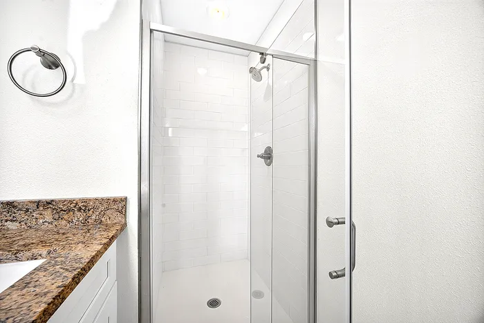 Sleek bathroom shower with glass doors and elegant granite countertop, offering a modern and luxurious feel.