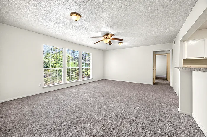 Spacious living room with plush carpeting, large windows for natural light, and a ceiling fan, creating a bright and inviting atmosphere.