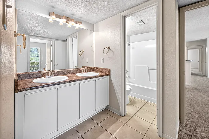 Elegant bathroom featuring a double vanity with sleek modern fixtures, adjacent to a pristine bathtub, surrounded by bright natural light.