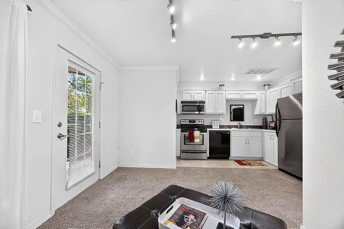 Bright and airy kitchen with modern stainless steel appliances, plush carpeting, and a cozy living space leading to a sunlit patio.