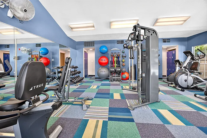 Vibrant and modern gym with state-of-the-art equipment, colorful exercise mats, and motivational lighting.
