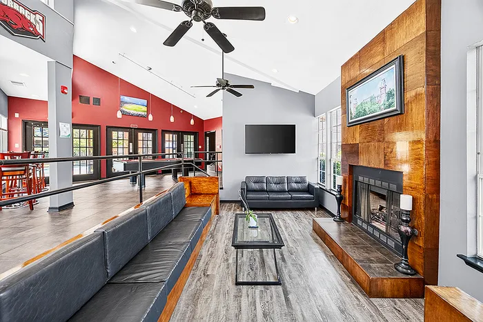 Contemporary apartment lounge with stylish sofas, sleek wooden accents, and a modern fireplace, perfect for relaxed living and entertaining.