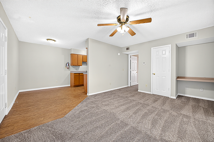 Bright open-plan apartment featuring a spacious living area with carpet flooring, a ceiling fan, and elegant light fixtures, seamlessly leading to a cozy kitchen with wooden cabinetry.