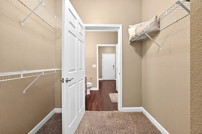 Spacious walk-in closet with sleek shelving and plush carpet, leading to a stylish hardwood floor area.