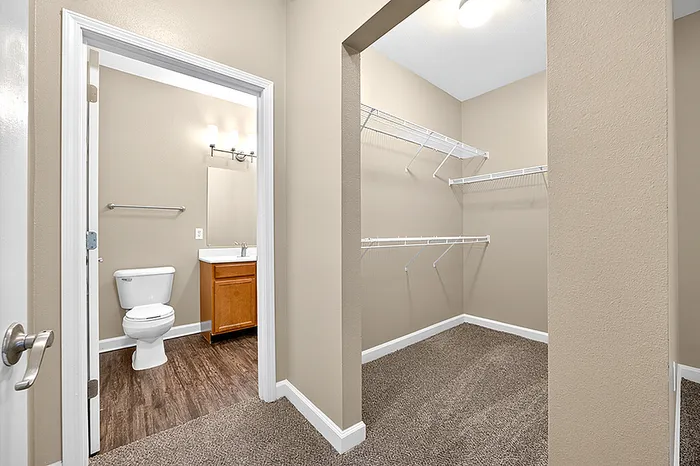 Elegant apartment with a walk-in closet and en-suite bathroom featuring stylish modern amenities.