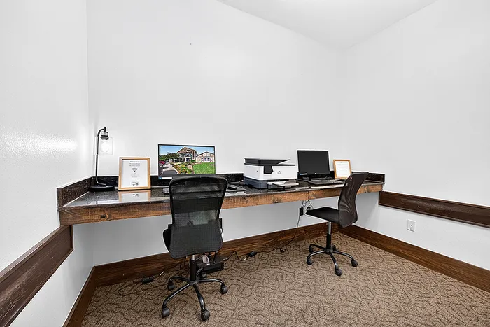 Modern workspace with dual desks, sleek chairs, and stylish lighting, perfect for productivity and efficiency.