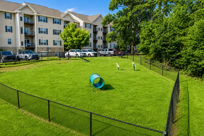 Charming apartment complex featuring a vibrant, fenced-in dog park with agility equipment and lush greenery.