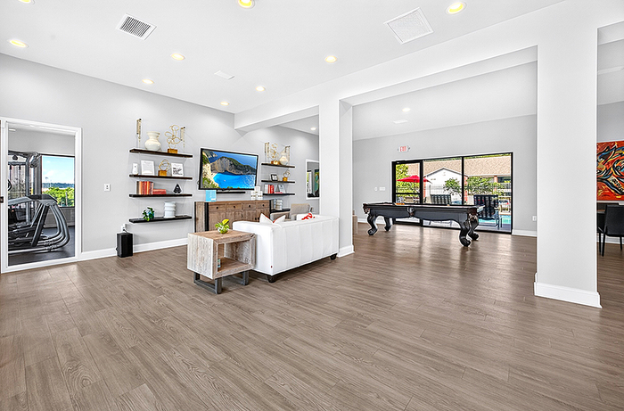 Luxurious open-concept living room with modern decor, white couch, and entertainment area, leading to a vibrant game room with pool table and outdoor view.