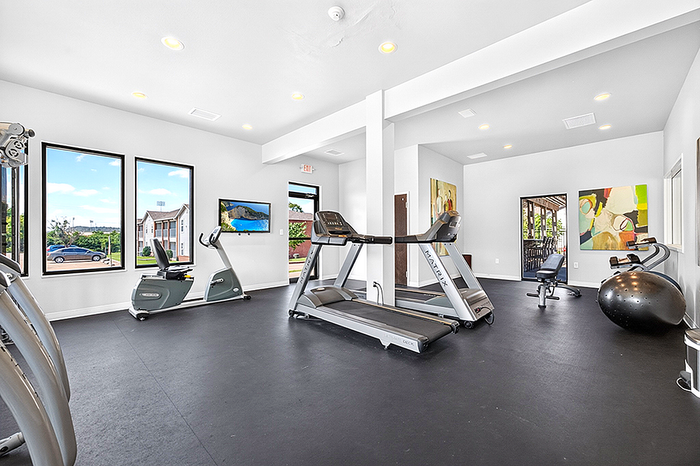 Bright and modern fitness center with state-of-the-art exercise equipment, stylish decor, and large windows overlooking a scenic view.