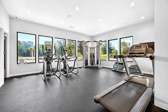 Bright and modern fitness center featuring state-of-the-art cardio and strength equipment, surrounded by large windows with scenic views.
