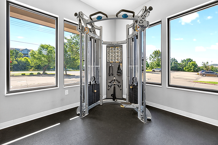 Bright and airy home gym featuring a modern multi-exercise fitness machine with scenic views from large windows.