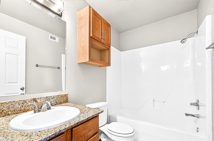 Bright and modern bathroom with sleek granite countertop, elegant fixtures, and pristine white bathtub.