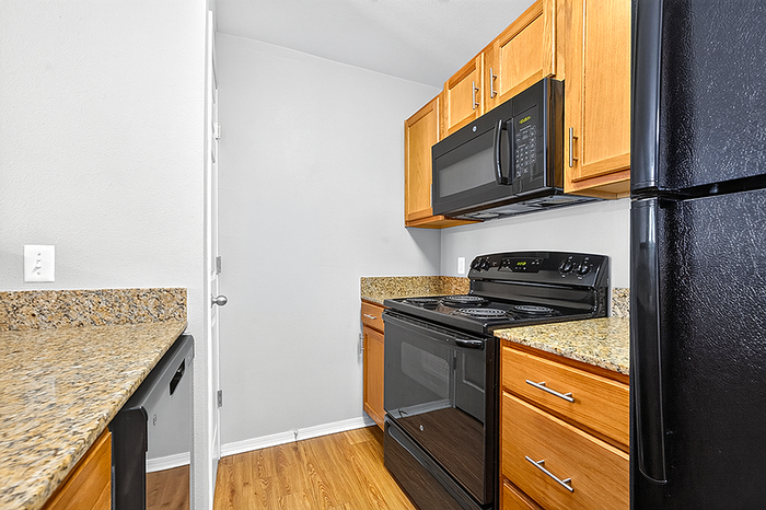 Modern kitchen with sleek black appliances, granite countertops, and warm wood cabinetry, offering functionality and style.