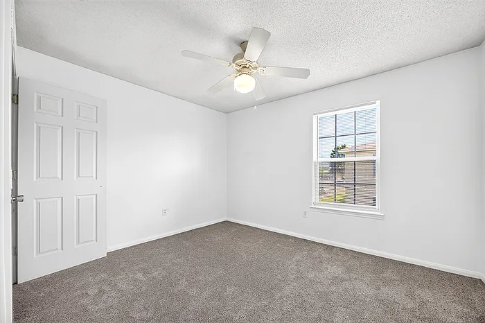 Bright and spacious room with plush carpeting, large window with natural light, and ceiling fan for comfort.
