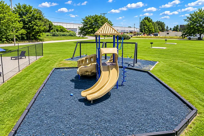 Vibrant playground surrounded by lush green lawn, featuring a slide and swings, ideal for family enjoyment.