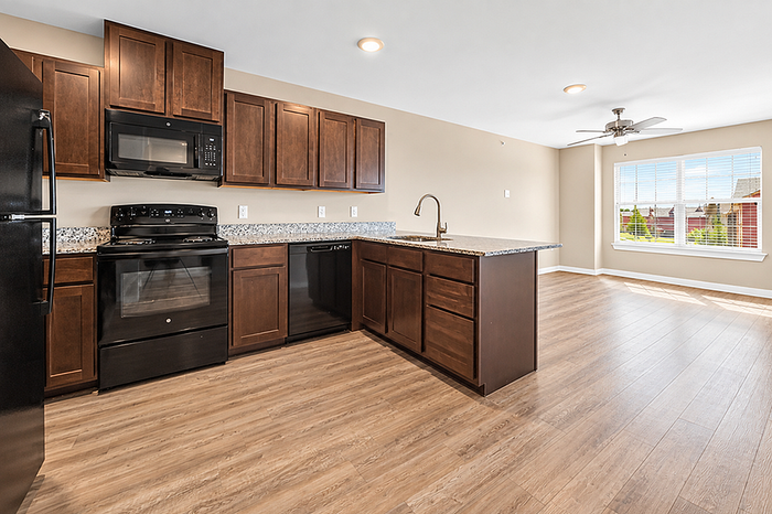 Modern kitchen with sleek dark wood cabinets and granite countertops opening into a bright living space with large windows and elegant wood flooring.