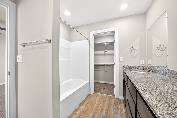 Modern bathroom with sleek granite countertops, spacious bathtub, and convenient walk-in closet with ample shelving.
