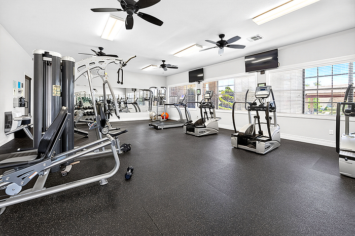 Bright and modern fitness center equipped with top-of-the-line exercise machines and ample natural light.