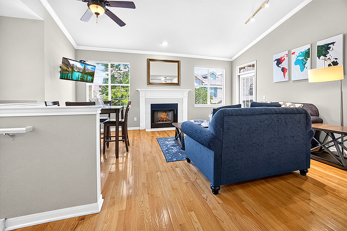 Bright, open-concept living room with elegant fireplace, modern furnishings, and abundant natural light.