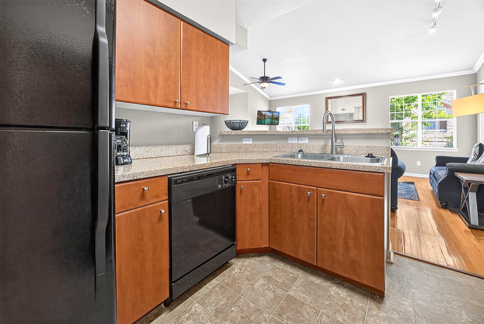 Bright and modern kitchen with sleek appliances, granite countertops, and an inviting open layout leading to a cozy living room area with lush green views.