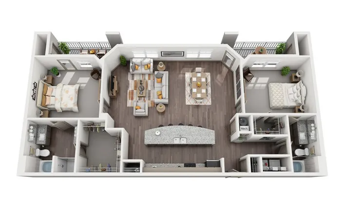 Elegant floor plan showcasing two spacious bedrooms, open-concept living and dining area, modern kitchen with an island, and two chic bathrooms, perfect for comfortable living.